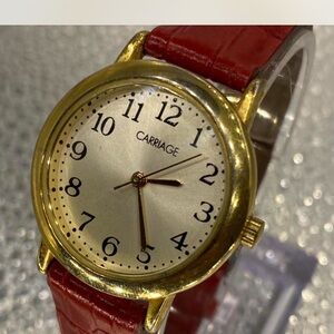 *** Carriage  ^^ Gold Tone Watch *** Ruby Red Band ^^^